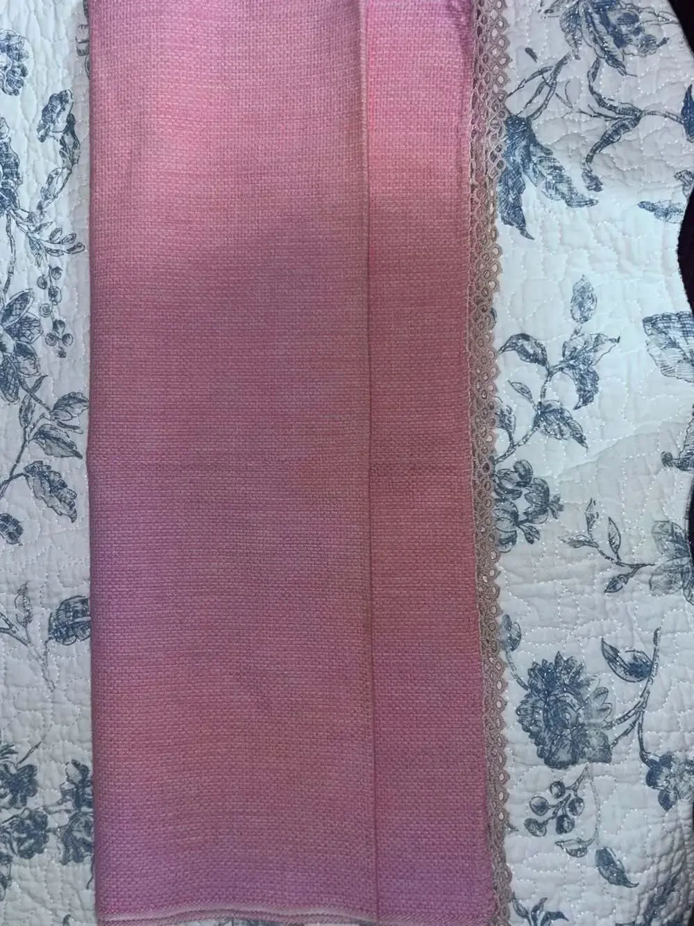 Vintage Hand Embroidered Pink Napkin with Lace Edge